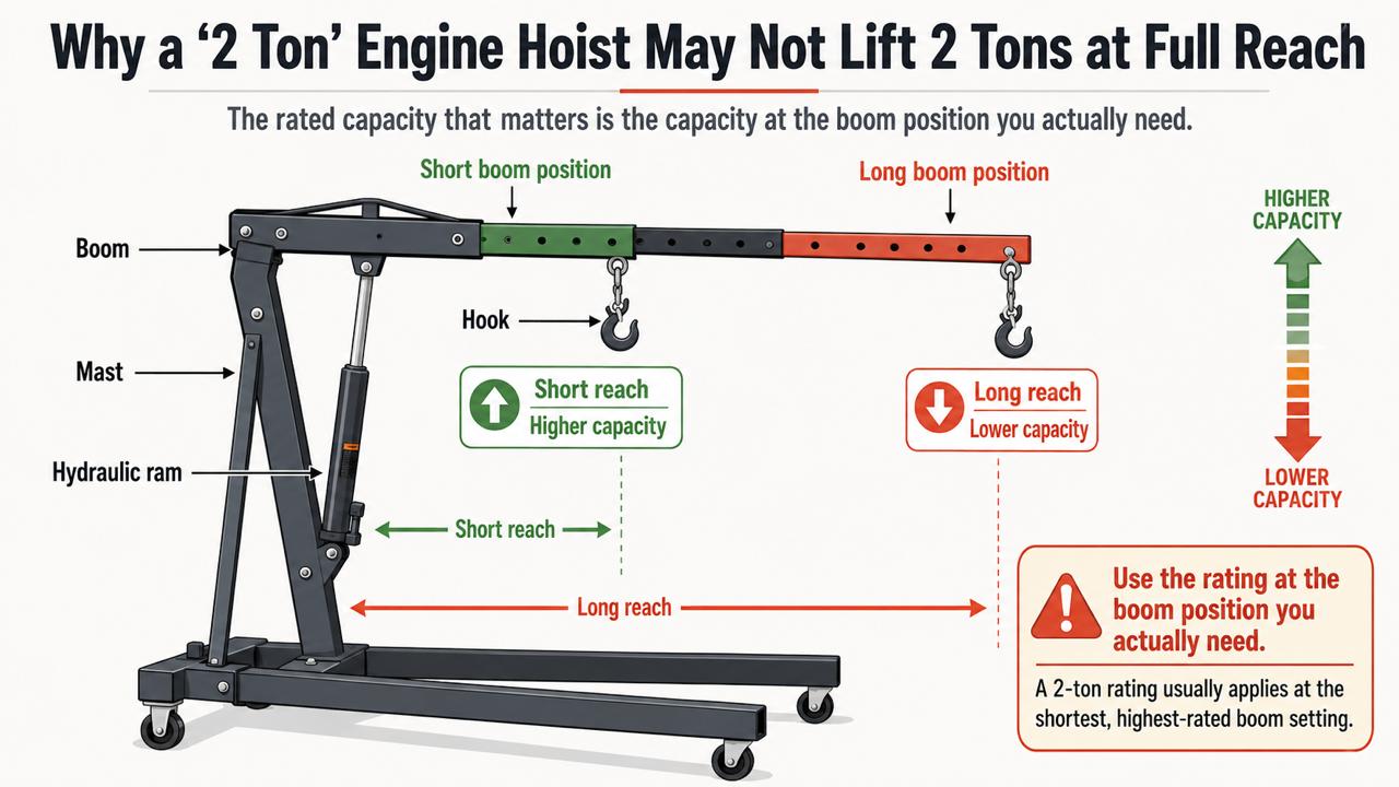 Infographic showing that a 2-ton engine hoist has higher rated capacity at shorter boom positions and lower rated capacity at longer reach settings.